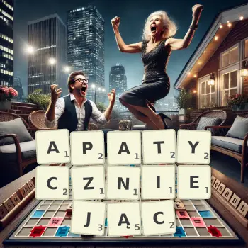 Kreatywna ilustracja do gry w Scrabble ze słowem APATYCZNIEJĄC ułożonym z płytek na planszy.