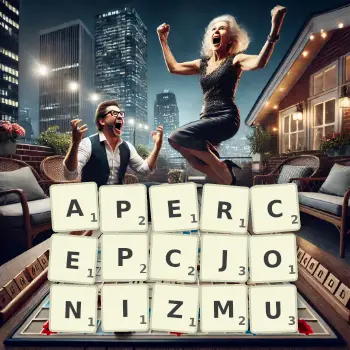 Kreatywna ilustracja do gry w Scrabble ze słowem APERCEPCJONIZMU ułożonym z płytek na planszy.