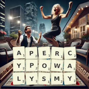 Kreatywna ilustracja do gry w Scrabble ze słowem APERCYPOWALYSMY ułożonym z płytek na planszy.