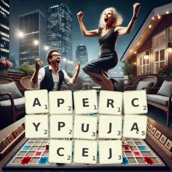 Kreatywna ilustracja do gry w Scrabble ze słowem APERCYPUJĄCEJ ułożonym z płytek na planszy.