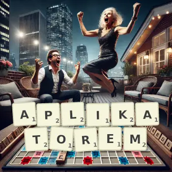 Kreatywna ilustracja do gry w Scrabble ze słowem APLIKATOREM ułożonym z płytek na planszy.
