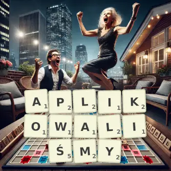 Kreatywna ilustracja do gry w Scrabble ze słowem APLIKOWALIŚMY ułożonym z płytek na planszy.