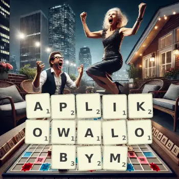 Kreatywna ilustracja do gry w Scrabble ze słowem APLIKOWALOBYM ułożonym z płytek na planszy.