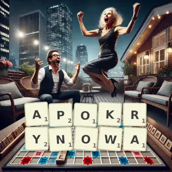 Kreatywna ilustracja do gry w Scrabble ze słowem APOKRYNOWA ułożonym z płytek na planszy.