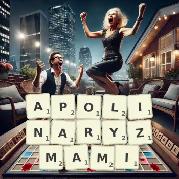 Kreatywna ilustracja do gry w Scrabble ze słowem APOLINARYZMAMI ułożonym z płytek na planszy.