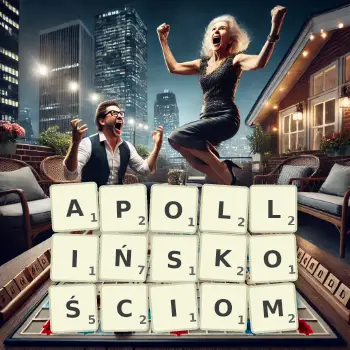 Kreatywna ilustracja do gry w Scrabble ze słowem APOLLIŃSKOŚCIOM ułożonym z płytek na planszy.