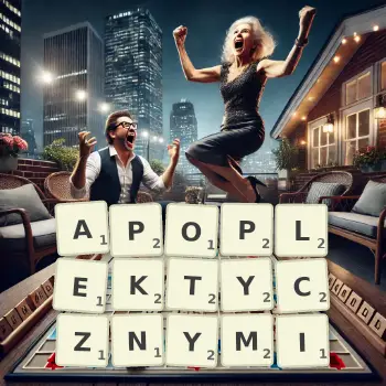 Kreatywna ilustracja do gry w Scrabble ze słowem APOPLEKTYCZNYMI ułożonym z płytek na planszy.