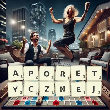 Kreatywna ilustracja do gry w Scrabble ze słowem APORETYCZNEJ ułożonym z płytek na planszy.