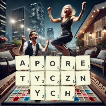 Kreatywna ilustracja do gry w Scrabble ze słowem APORETYCZNYCH ułożonym z płytek na planszy.