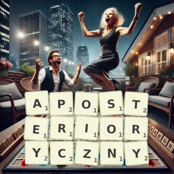 Kreatywna ilustracja do gry w Scrabble ze słowem APOSTERIORYCZNY ułożonym z płytek na planszy.