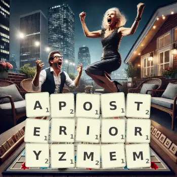 Kreatywna ilustracja do gry w Scrabble ze słowem APOSTERIORYZMEM ułożonym z płytek na planszy.