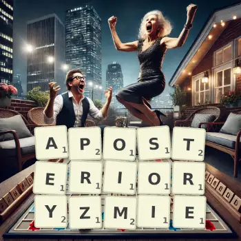 Kreatywna ilustracja do gry w Scrabble ze słowem APOSTERIORYZMIE ułożonym z płytek na planszy.