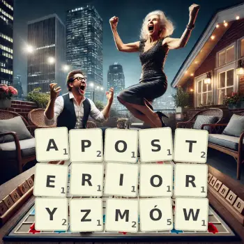 Kreatywna ilustracja do gry w Scrabble ze słowem APOSTERIORYZMÓW ułożonym z płytek na planszy.