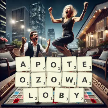 Kreatywna ilustracja do gry w Scrabble ze słowem APOTEOZOWALOBY ułożonym z płytek na planszy.