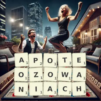 Kreatywna ilustracja do gry w Scrabble ze słowem APOTEOZOWANIACH ułożonym z płytek na planszy.