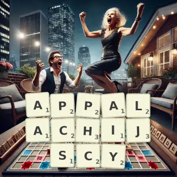 Kreatywna ilustracja do gry w Scrabble ze słowem APPALACHIJSCY ułożonym z płytek na planszy.