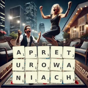 Kreatywna ilustracja do gry w Scrabble ze słowem APRETUROWANIACH ułożonym z płytek na planszy.