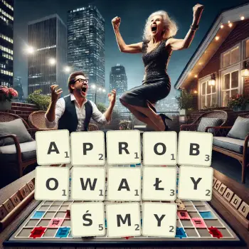 Kreatywna ilustracja do gry w Scrabble ze słowem APROBOWAŁYŚMY ułożonym z płytek na planszy.