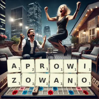 Kreatywna ilustracja do gry w Scrabble ze słowem APROWIZOWANO ułożonym z płytek na planszy.