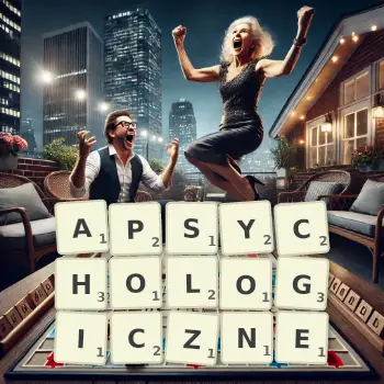 Kreatywna ilustracja do gry w Scrabble ze słowem APSYCHOLOGICZNE ułożonym z płytek na planszy.