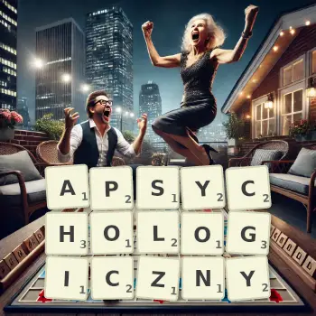Kreatywna ilustracja do gry w Scrabble ze słowem APSYCHOLOGICZNY ułożonym z płytek na planszy.