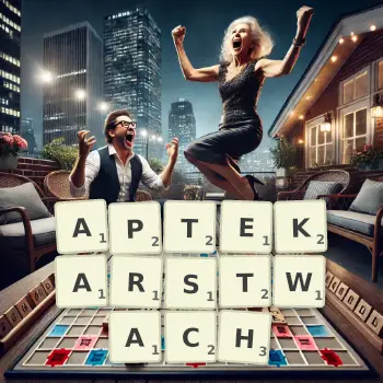 Kreatywna ilustracja do gry w Scrabble ze słowem APTEKARSTWACH ułożonym z płytek na planszy.