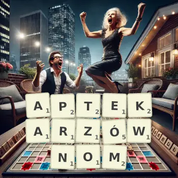 Kreatywna ilustracja do gry w Scrabble ze słowem APTEKARZÓWNOM ułożonym z płytek na planszy.
