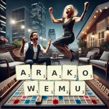 Kreatywna ilustracja do gry w Scrabble ze słowem ARAKOWEMU ułożonym z płytek na planszy.