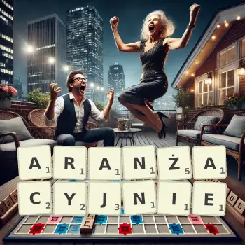 Kreatywna ilustracja do gry w Scrabble ze słowem ARANŻACYJNIE ułożonym z płytek na planszy.