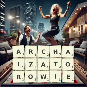Kreatywna ilustracja do gry w Scrabble ze słowem ARCHAIZATOROWIE ułożonym z płytek na planszy.