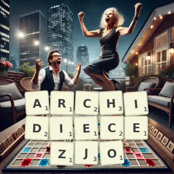 Kreatywna ilustracja do gry w Scrabble ze słowem ARCHIDIECEZJO ułożonym z płytek na planszy.