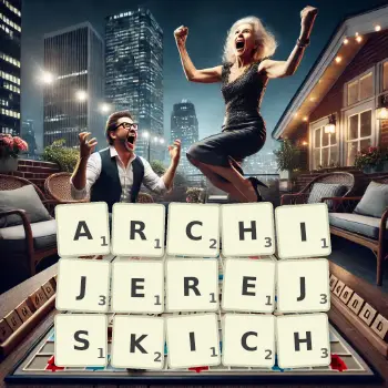 Kreatywna ilustracja do gry w Scrabble ze słowem ARCHIJEREJSKICH ułożonym z płytek na planszy.