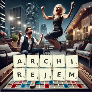 Kreatywna ilustracja do gry w Scrabble ze słowem ARCHIREJEM ułożonym z płytek na planszy.
