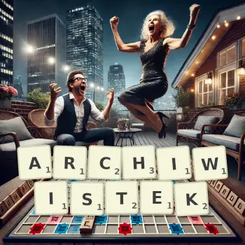 Kreatywna ilustracja do gry w Scrabble ze słowem ARCHIWISTEK ułożonym z płytek na planszy.