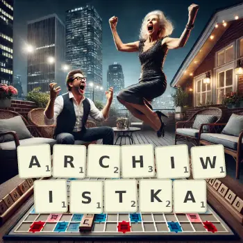 Kreatywna ilustracja do gry w Scrabble ze słowem ARCHIWISTKA ułożonym z płytek na planszy.