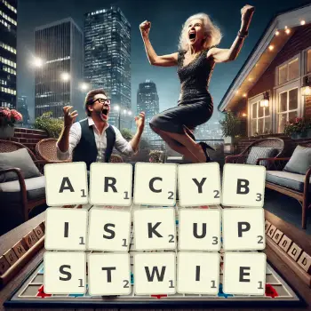 Kreatywna ilustracja do gry w Scrabble ze słowem ARCYBISKUPSTWIE ułożonym z płytek na planszy.