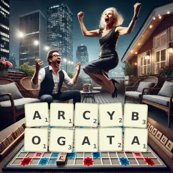 Kreatywna ilustracja do gry w Scrabble ze słowem ARCYBOGATA ułożonym z płytek na planszy.