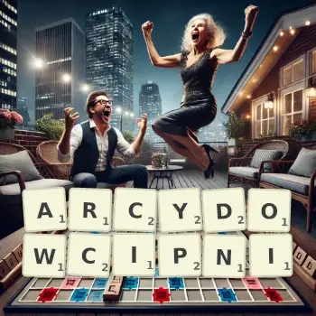 Kreatywna ilustracja do gry w Scrabble ze słowem ARCYDOWCIPNI ułożonym z płytek na planszy.