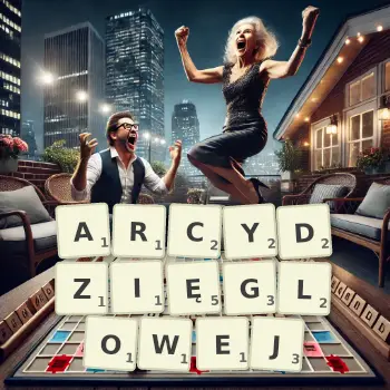 Kreatywna ilustracja do gry w Scrabble ze słowem ARCYDZIĘGLOWEJ ułożonym z płytek na planszy.
