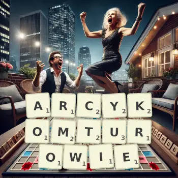 Kreatywna ilustracja do gry w Scrabble ze słowem ARCYKOMTUROWIE ułożonym z płytek na planszy.