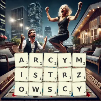 Kreatywna ilustracja do gry w Scrabble ze słowem ARCYMISTRZOWSCY ułożonym z płytek na planszy.