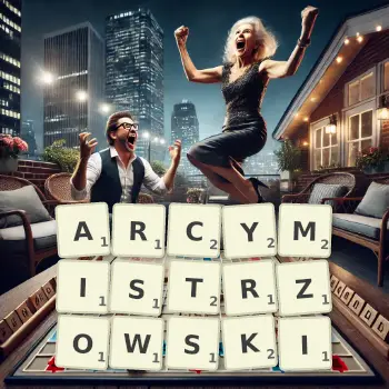 Kreatywna ilustracja do gry w Scrabble ze słowem ARCYMISTRZOWSKI ułożonym z płytek na planszy.