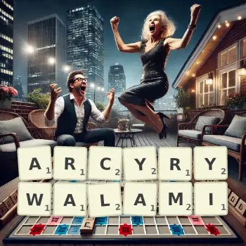 Kreatywna ilustracja do gry w Scrabble ze słowem ARCYRYWALAMI ułożonym z płytek na planszy.