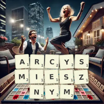 Kreatywna ilustracja do gry w Scrabble ze słowem ARCYSMIESZNYM ułożonym z płytek na planszy.