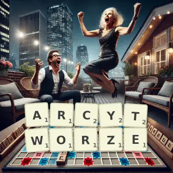 Kreatywna ilustracja do gry w Scrabble ze słowem ARCYTWORZE ułożonym z płytek na planszy.