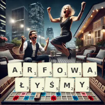 Kreatywna ilustracja do gry w Scrabble ze słowem ARFOWAŁYŚMY ułożonym z płytek na planszy.