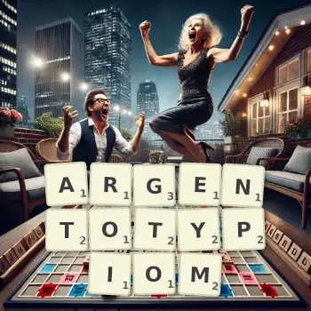Kreatywna ilustracja do gry w Scrabble ze słowem ARGENTOTYPIOM ułożonym z płytek na planszy.