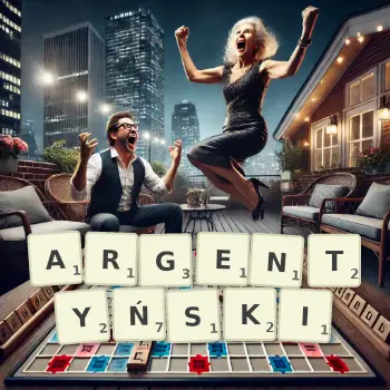 Kreatywna ilustracja do gry w Scrabble ze słowem ARGENTYŃSKI ułożonym z płytek na planszy.