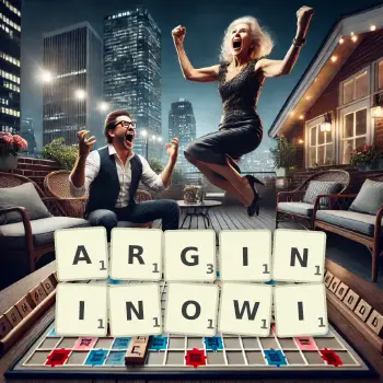 Kreatywna ilustracja do gry w Scrabble ze słowem ARGININOWI ułożonym z płytek na planszy.