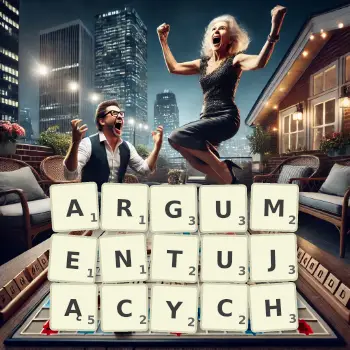 Kreatywna ilustracja do gry w Scrabble ze słowem ARGUMENTUJĄCYCH ułożonym z płytek na planszy.